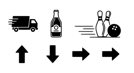 Fototapeta premium Flat icons set of delivery truck, bottle, bowling pins and ball with directional arrows