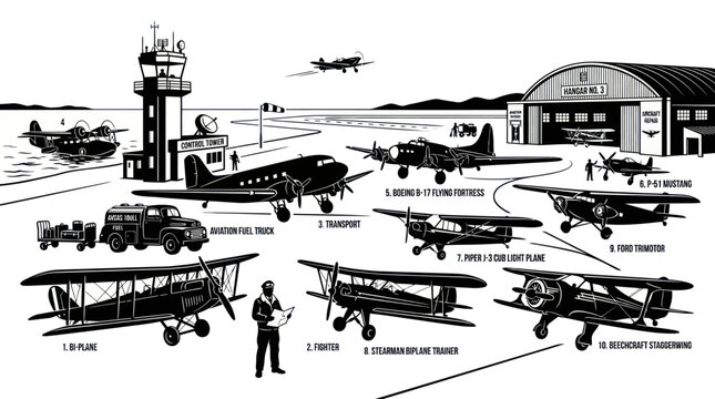 Black and White Line Art of Vintage Airplanes and Airport Scene