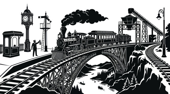 Vintage Rail Transport Steam Train Black  White Line Art on Bridge Illustration