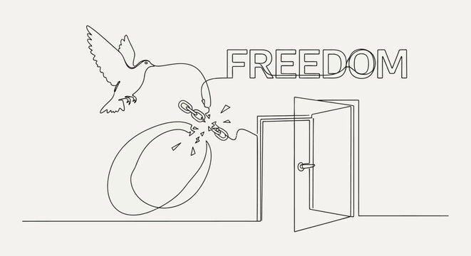 Dove flying out of broken chains and open door, symbolizing freedom and escape.