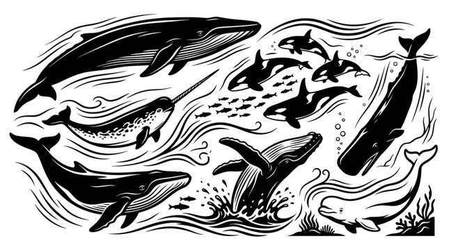 Black and White Vector Illustration of Whales and Dolphins in Ocean Waves
