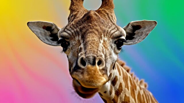 Closeup portrait of a curious giraffe against a colorful background