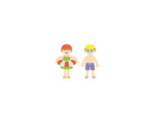 Naklejka premium 夏休み、プールや海水浴を楽しむ水着姿の子供たちのイラスト。浮き輪とゴーグルを持つ男の子と女の子。7月・8月のレジャー。