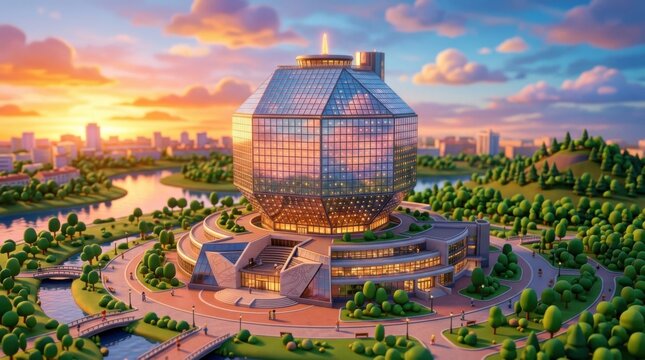 Modern Library Architecture in Belarus Against Sunset Sky