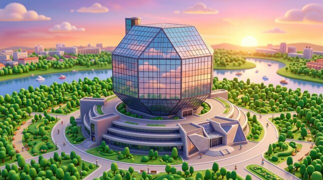 Modern Glass Library Building in Belarus with Scenic Sunset View