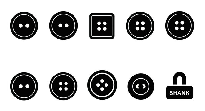 Collection of Black Sewing Buttons and Shank Icon, Isolated on White Background