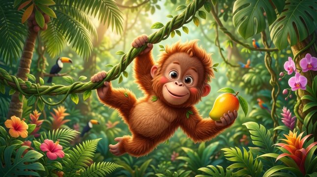 Playful Monkey Hanging from a Vine in Lush Tropical Jungle Scene