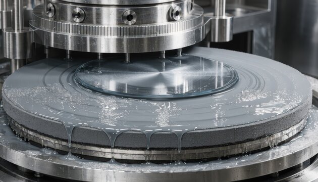 Medium shot of singleplaten CMP machinery showing detailed interaction between polishing pad and semiconductor wafer using slurry fluid for surface planarization.