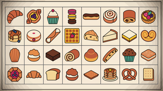 Assorted retro style sweet pastries and bakery desserts grid for cafe menu design, vector illustration.