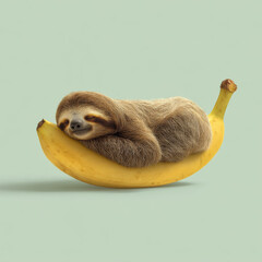 Fototapeta premium Cute sloth peacefully sleeping on ripe yellow banana with soft green background, creating calm and whimsical scene