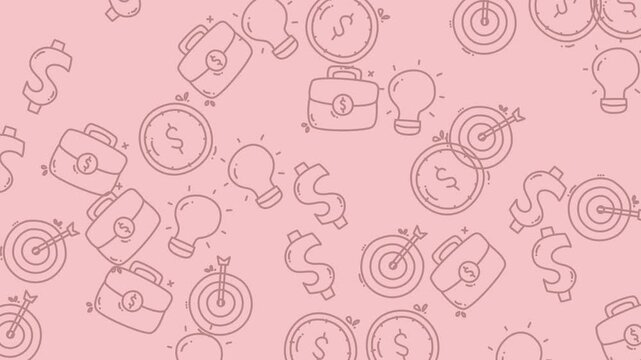 Seamless pattern with business icons on a pink background. Suitable for website backgrounds, stationery, and businessrelated designs. Business concept.