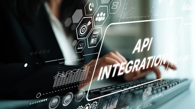 Business Professional Engaging in API Integration with Digital Interface Overlays and Data Graphics. Asymptotic smart data analytic.