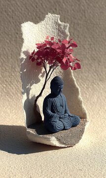 Minimalist surreal torn paper scene revealing a hidden Buddha and crimson leaf tree within serene zen negative space