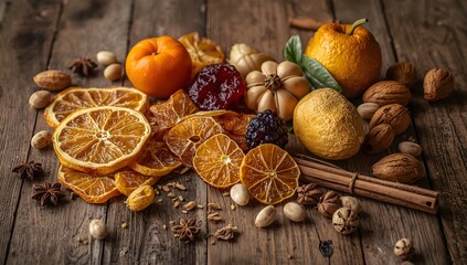 Fototapeta premium Dried fruits and nuts on an old wooden table. Still-life with dried citrus, apricots, raisins, various nuts, cinnamon sticks, and anise