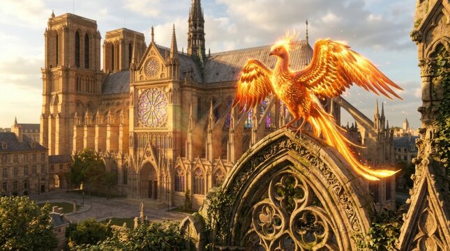 Majestic Phoenix Perched on Gothic Cathedral Rooftop at Sunset