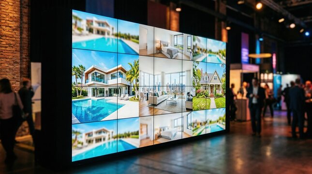 Medium shot of a videowall displaying vibrant real estate listings cycling smoothly with a blurred background emphasizing the dynamic digital showcase environment.