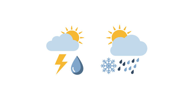 Weather forecast icons representing thunderstorm and mixed precipitation with sun. EPS Editable. Vector Illustrations.