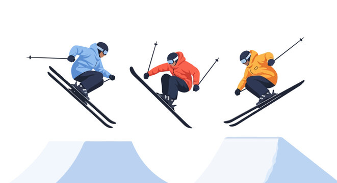 Three professional freestyle skiers performing jumps and tricks in the air. EPS Editable. Vector Illustrations.
