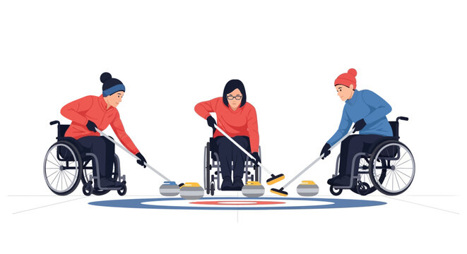Three wheelchair curling athletes competing in a professional winter sports match. EPS Editable. Vector Illustrations.