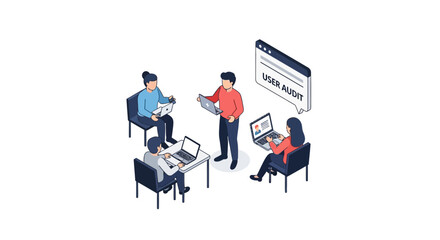 Fototapeta premium Isometric illustration of a user audit meeting with laptops and charts.
