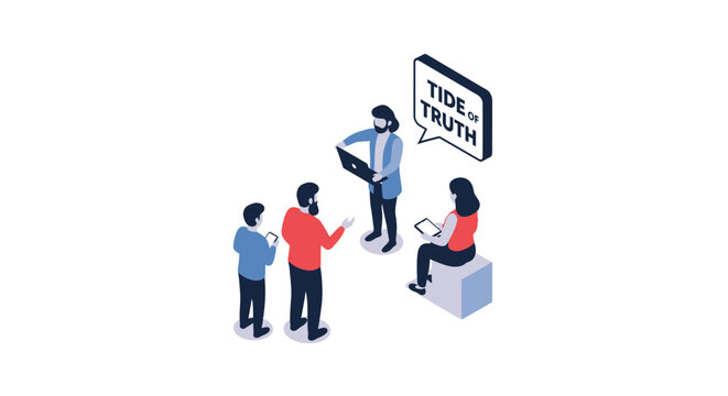 Isometric Illustration of a Business Team Discussing Truth and Ideas.