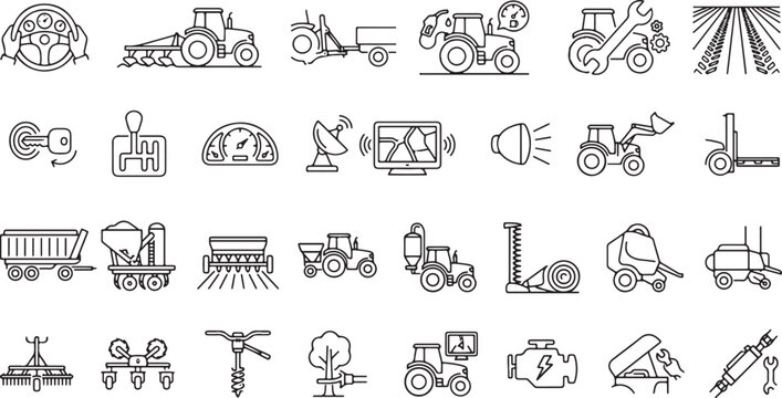 Precision agriculture smart farming machinery GPS automation sensor monitoring tractor equipment technology farming innovation outline vector icon set agritech collection