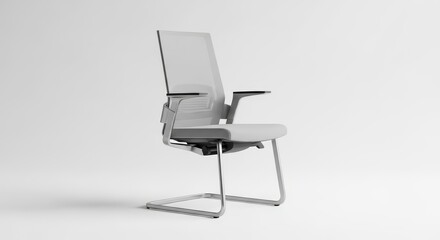 Fototapeta premium Modern Grey Mesh Back Office Conference Chair on Clean White Background, Ergonomic Design