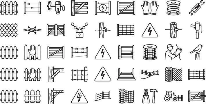 Professional agricultural fencing and livestock enclosure line icons featuring electric fence components barbed wire rolls wooden gates and ranch boundary security tools,