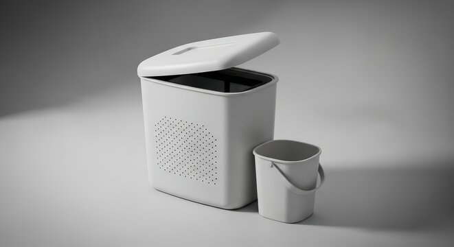 White Perforated Laundry Hamper with Open Lid and Small Bucket on Clean White Background