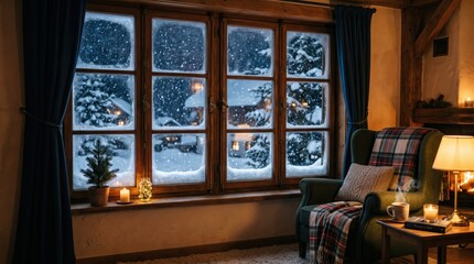 Obraz premium Snowy landscape seen from cozy armchair by window indoors