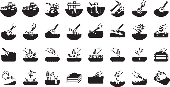 Soil preparation planting gardening agriculture workflow silhouette icon set digging seeding watering compost cultivation farming process vector collection