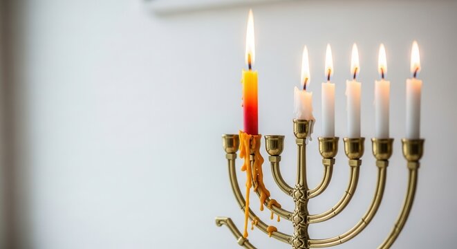 Illuminated brass menorah with six burning candles against a white background during a festive