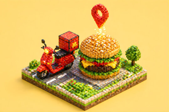 Isometric Voxel Food Delivery Burger and Scooter 3D Illustration