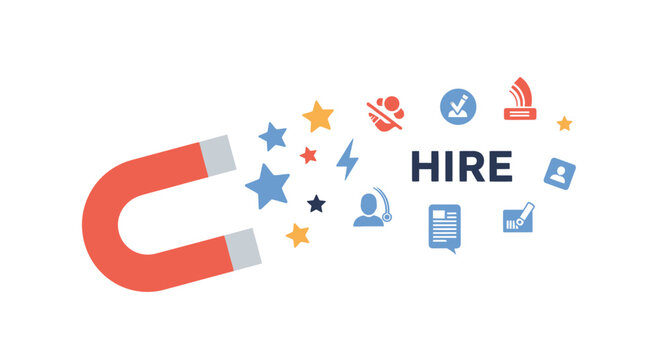 A horseshoe magnet attracting various icons and the word hire representing recruitment concept. EPS Editable. Vector Illustrations.