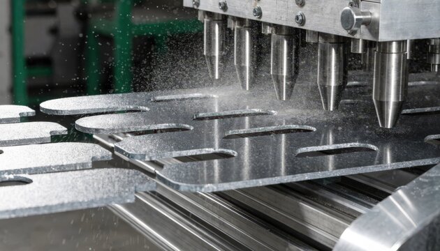 Powdercoated sheet metal panels undergoing punching and notching highlighting surface texture and clean cutouts in modern manufacturing.