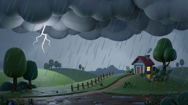 3D Illustration of Stormy Weather with Lightning and Rainfall
