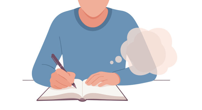 A person sitting at a desk writing in a notebook with a thought bubble. EPS Editable. Vector Illustrations.