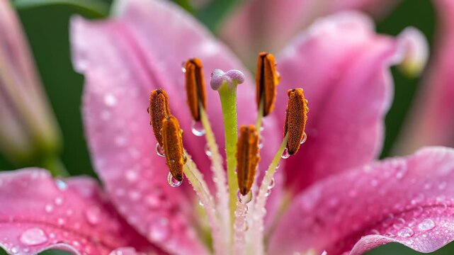 Macro Rack Focus On Pink Stargazer Lily Stamens With Glistening Dew Drops
