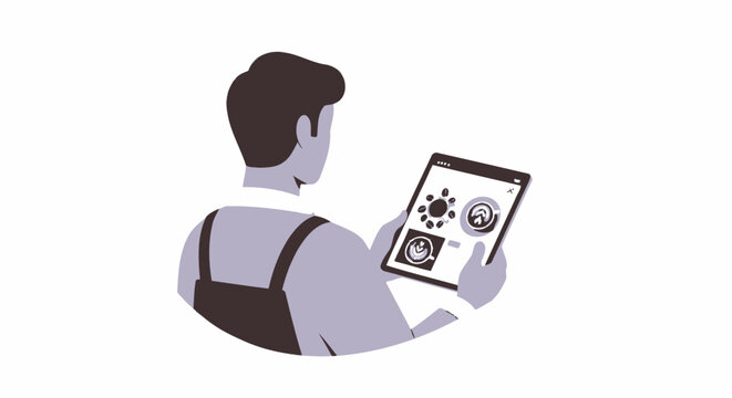 A young professional man reviewing restaurant menu options on a digital tablet screen. EPS Editable. Vector Illustrations.