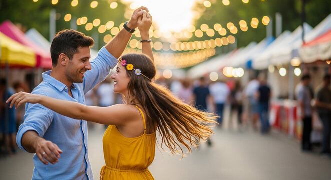 Couple dances joyfully at vibrant outdoor summer festival, bathed in warm string lights, making precious memories during romantic Summer Travel experience