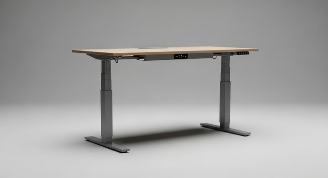 Modern Adjustable Height Standing Desk with Wooden Top and Metal Base on Grey Background