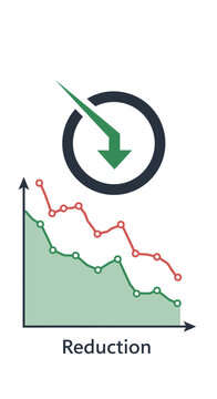 Visual representation of a decreasing trend with a clear downward arrow icon, illustrating financial or statistical data reduction over time in a line chart