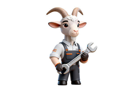 A cartoon goat mechanic holds a large wrench standing indoors in a workshop
