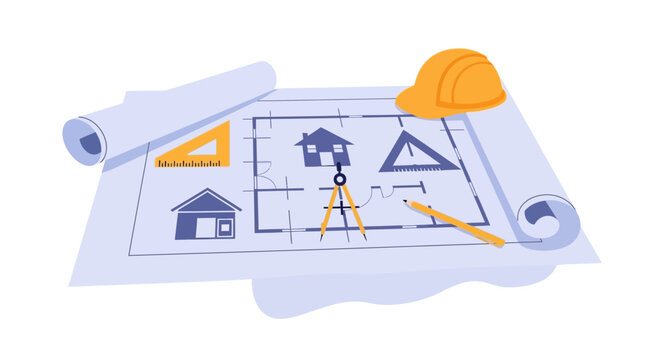 Architectural blueprints with house plan design tools and safety helmet. EPS Editable. Vector Illustrations.