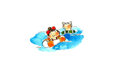 海やプールで浮き輪を使って泳ぐ子供たちの水彩イラスト　夏休み・レジャー素材 Watercolor illustration of children swimming with swim rings in the sea or pool © lily