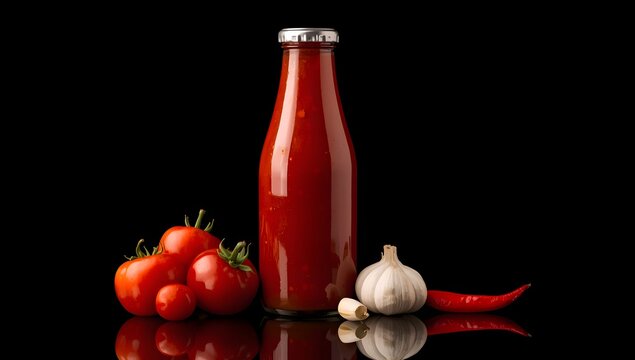 Bottle of tomato sauce with fresh tomatoes, red peppers, and garlic.