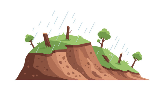 Cartoon illustration of a landslide occurring on a grassy hill during rain. EPS Editable. Vector Illustrations.