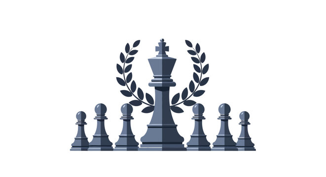 Chess king piece standing tall with pawns and laurel wreath. EPS Editable. Vector Illustrations.