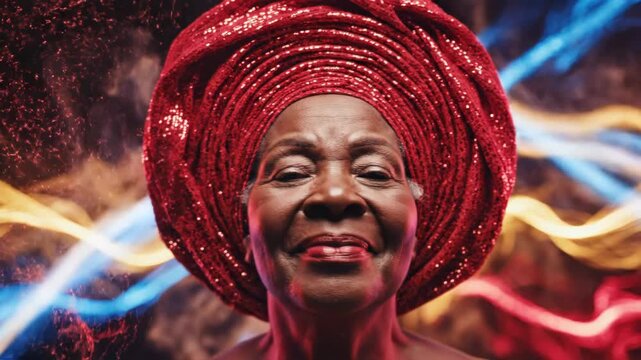 Portrait of an elegant senior African woman wearing a red sequined dress and traditional headwrap with arms raised against a dark background with blue and gold light trails.