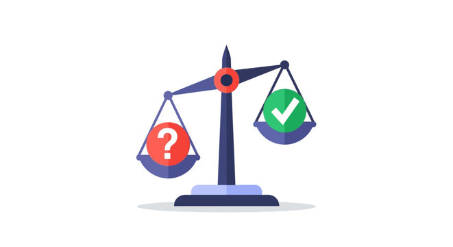 Conceptual illustration of weighing questions versus answers on a balanced scale. EPS Editable. Vector Illustrations.